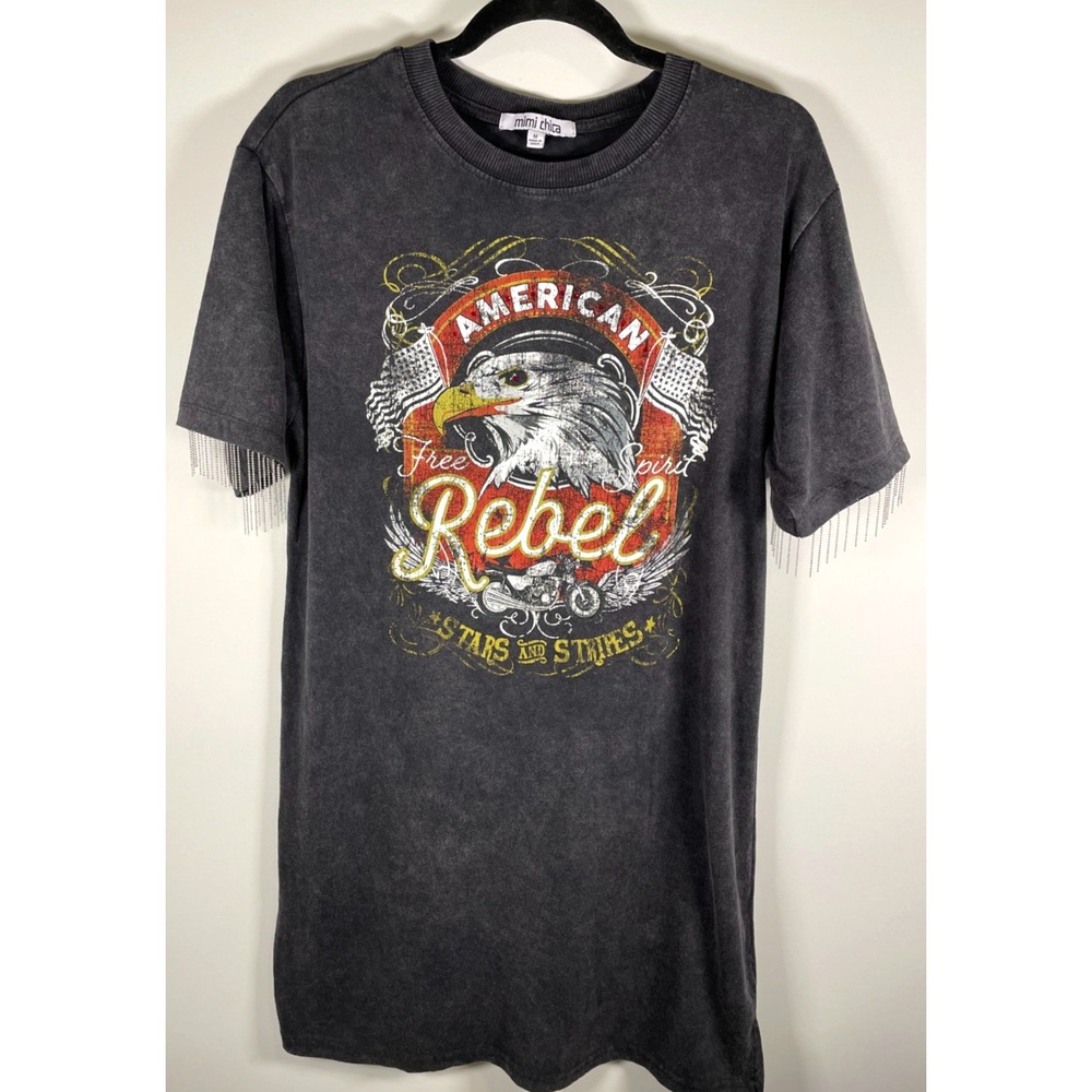 Mimi Chica American Rebel T Shirt Dress M Eagle Rhinestone Ball Chain Fringe